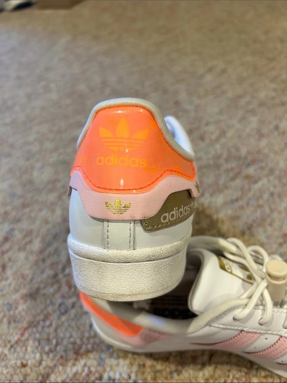adidas Superstar Sneakers - White with Pink Stripes & Neon Orange Heel